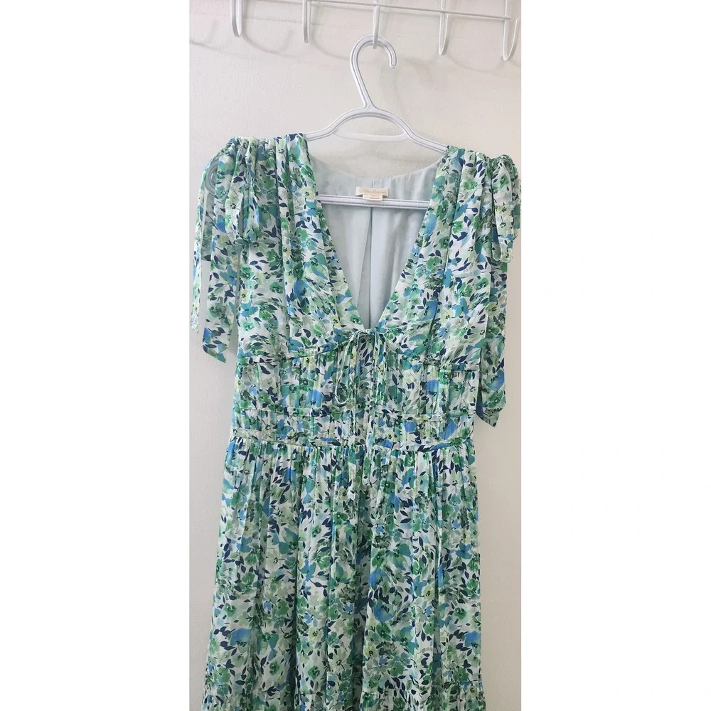 Shoshanna Green Blue Floral Tiered Maxi Dress V-Neck Tie Shoulder 5449164 4